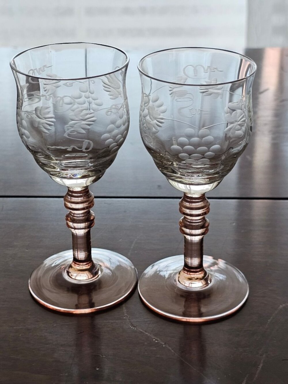 2 Vintage Etched Grape Cordial Glasses pink stem Depression glass cocktail Elega